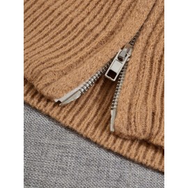 Women's Casual Oversized Hooded Cardigan - Thickened Winter Sweater with Double Zipper Front, Ribbed Cuffs & Hem, Earthy Brown, Medium Stretch for Fall & Winter Layering