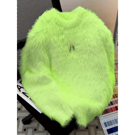 Korean Style Round Neck Sweater with Lazy Casual Metal Design Warm Faux Fur Pullover