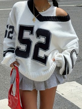 Women'S Elegant V-Neck Sweater with Heart Print - Casual Off-Shoulder Pullover, Black & White, Long Sleeve, Ribbed, Perfect for Office, College, or Casual Attire, Casual Attire Sweater | Offshoulder Fashion | Ribbed Texture