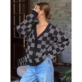 Checkerboard Pattern Casual Cardigan Sweater for Women, Long Sleeve Tops