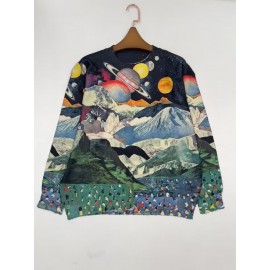 [All-Over Print, Thin Sweater] All-Over Print Thin Sweater | Universe Pattern, Casual Crew Neck Long Sleeve, Women's Clothing