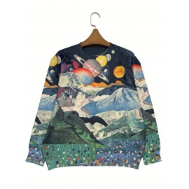 [All-Over Print, Thin Sweater] All-Over Print Thin Sweater | Universe Pattern, Casual Crew Neck Long Sleeve, Women's Clothing