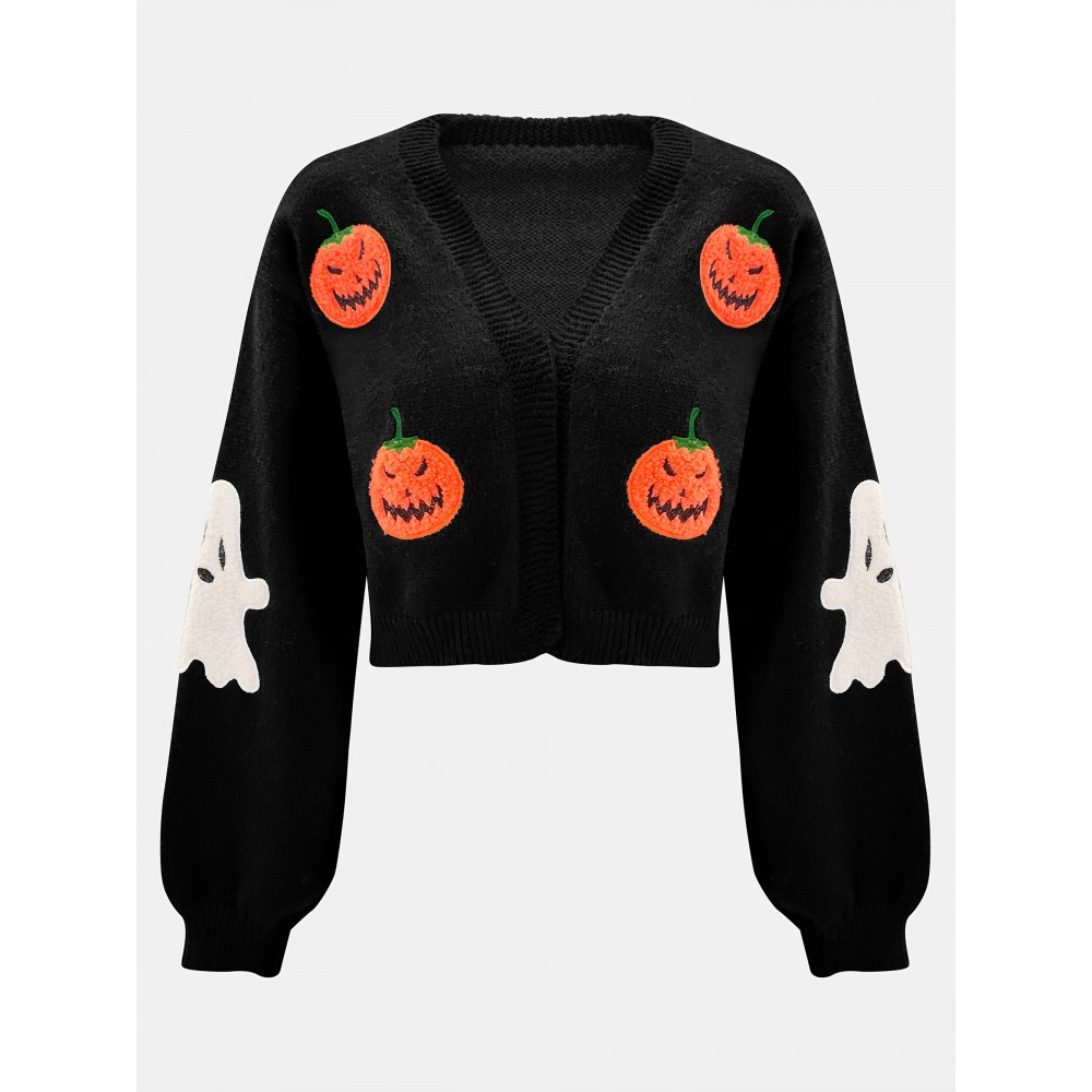Women's Halloween Sweater - Black with Orange Pumpkin Patterns, Open Front Closure Cardigan, Non-Transparent Fall Winter Party Outfit, Elegant Halloween Party Jacket for Women, Halloween Clothes, Festive Attire, Medium Elasticity