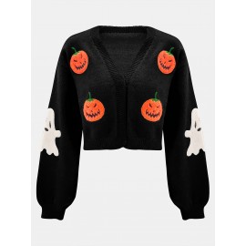 Women's Halloween Sweater - Black with Orange Pumpkin Patterns, Open Front Closure Cardigan, Non-Transparent Fall Winter Party Outfit, Elegant Halloween Party Jacket for Women, Halloween Clothes, Festive Attire, Medium Elasticity
