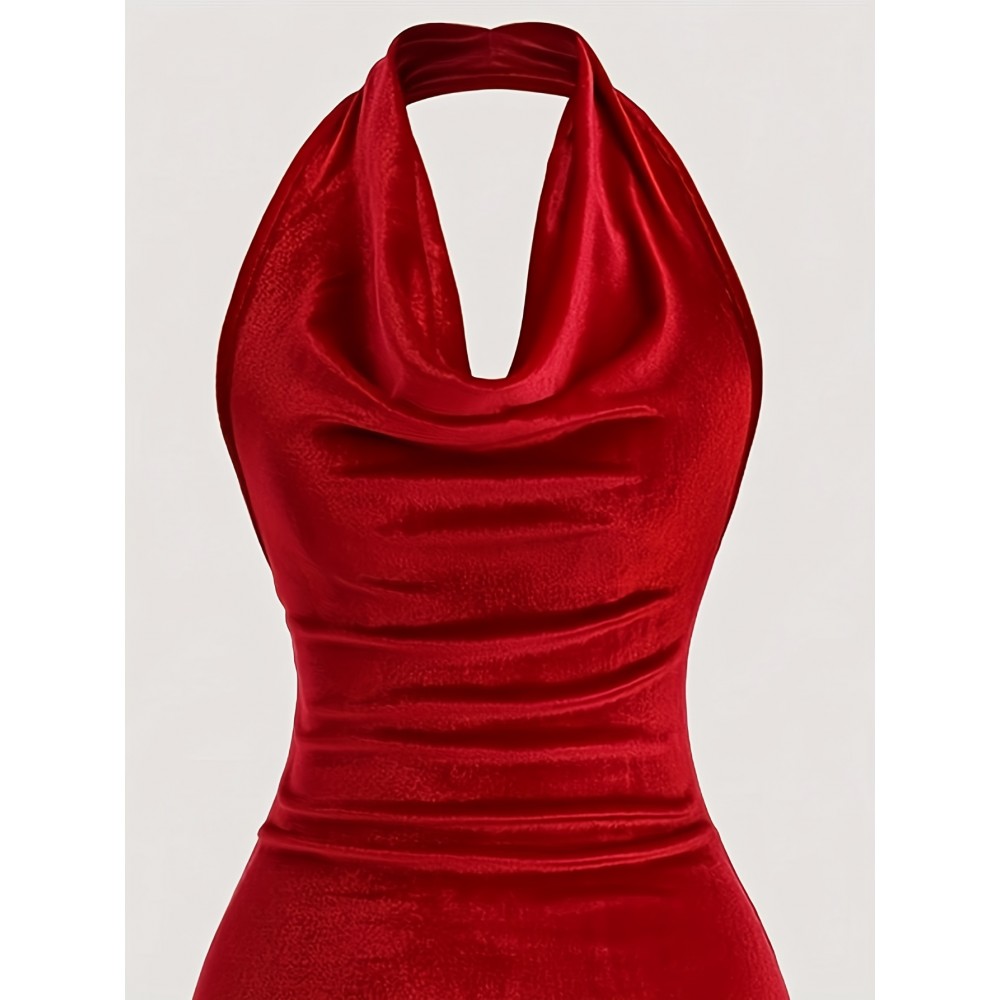 [Red Off-Shoulder Dress] Red Stretchy Off-Shoulder Mermaid Dress | Women's Elegant Bodycon Halter Neck | Polyester-Spandex Blend, Machine Washable Summer Party & Casual Outing Dress