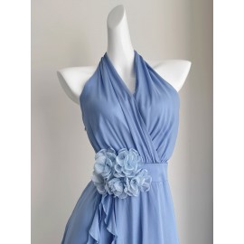 Blue Vacation Style French Floral Waist-Cinched Halter Neck Sleeveless Backless Chiffon Maxi Dress for Women, Summer