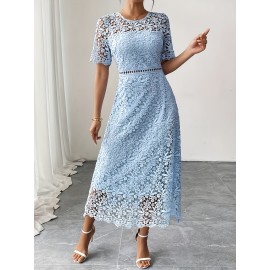 Women'S Elegant Long Formal/semi-formal Dress - Flowy A-Line Party Wedding Guest Gown, Round Neck Short Sleeve Evening Dress for Women, Special Occasion, Feminine Design, Delicate Lace, Lace Detailing, Bridal Guest
