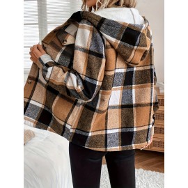 Women'S Casual Plaid Fleece-Lined Hooded Regular Jacket with Brushed Plaid and Hooded Shirt