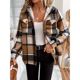 Women'S Casual Plaid Fleece-Lined Hooded Regular Jacket with Brushed Plaid and Hooded Shirt