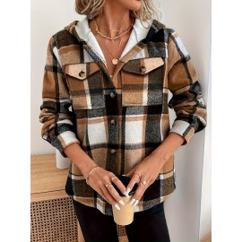 Women'S Casual Plaid Fleece-Lined Hooded Regular Jacket with Brushed Plaid and Hooded Shirt