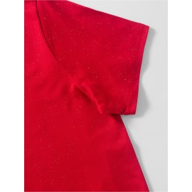 Women'S Sparkly Sequin Short Sleeve T-Shirt - Round Neck, Beige Casual Top for Spring/Summer, Glittery and Stylish, Perfect for Casual Attire