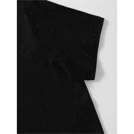 Women'S Sparkly Sequin Short Sleeve T-Shirt - Round Neck, Beige Casual Top for Spring/Summer, Glittery and Stylish, Perfect for Casual Attire