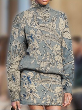 Women's 3D All Over Printed Knitwear Set High Neck Long Sleeve Sweater and Skirt Mid Weight Autumn Winter Outfit Vintage Botanical Pattern Casual Elegant Warm and Comfortable