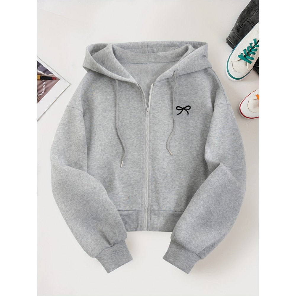 Women'S Casual Gray Hoodie with Double Bow Print - Long Sleeve, Zip-Up Pullover, All-Season Comfort, Casual Wear Hoodie|Casual Style Hoodie|Zippered Hoodie