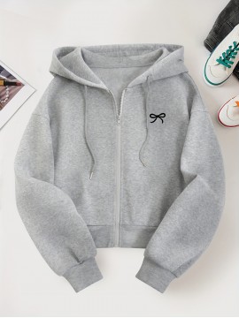 Women'S Casual Gray Hoodie with Double Bow Print - Long Sleeve, Zip-Up Pullover, All-Season Comfort, Casual Wear Hoodie|Casual Style Hoodie|Zippered Hoodie