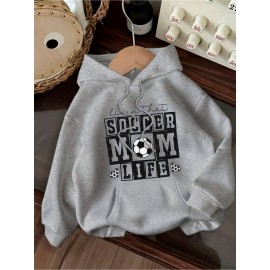 Women's Soccer Mom Graphic Hoodie - Cozy Fall & Winter Pullover with Drawstring, Beige Casual Sweatshirt Featuring 