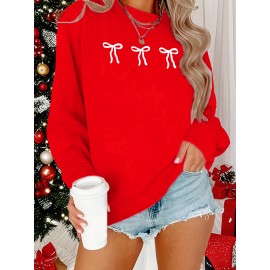 [Cozy Plus Size Sweatshirt] Polyester Plus Size Women's White Bow Print Sweatshirt - Cozy, Comfortable, Machine Washable Fall & Winter Pullover with Digital Butterfly Design