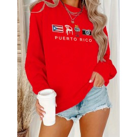 [Graphic Print Sweatshirt] Polyester Women's Puerto Rico Graphic Print Sweatshirt | Oversized Fit, Crew Neck Long Sleeve Pullover, Geometric Pattern with Applique Detail | Casual for Fall/Winter, Machine Washable